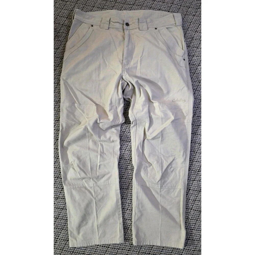 Cabelas Hiking Pants Mens 40X30 Spell Out Logo Cargo Beige Lycra T400 Work Camp